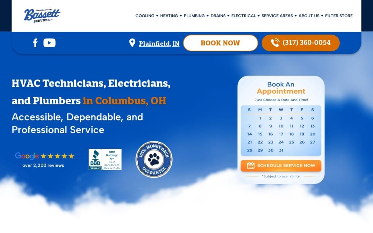 Bassett Services: Heating, Cooling, Plumbing, & Electrical electrician website homepage