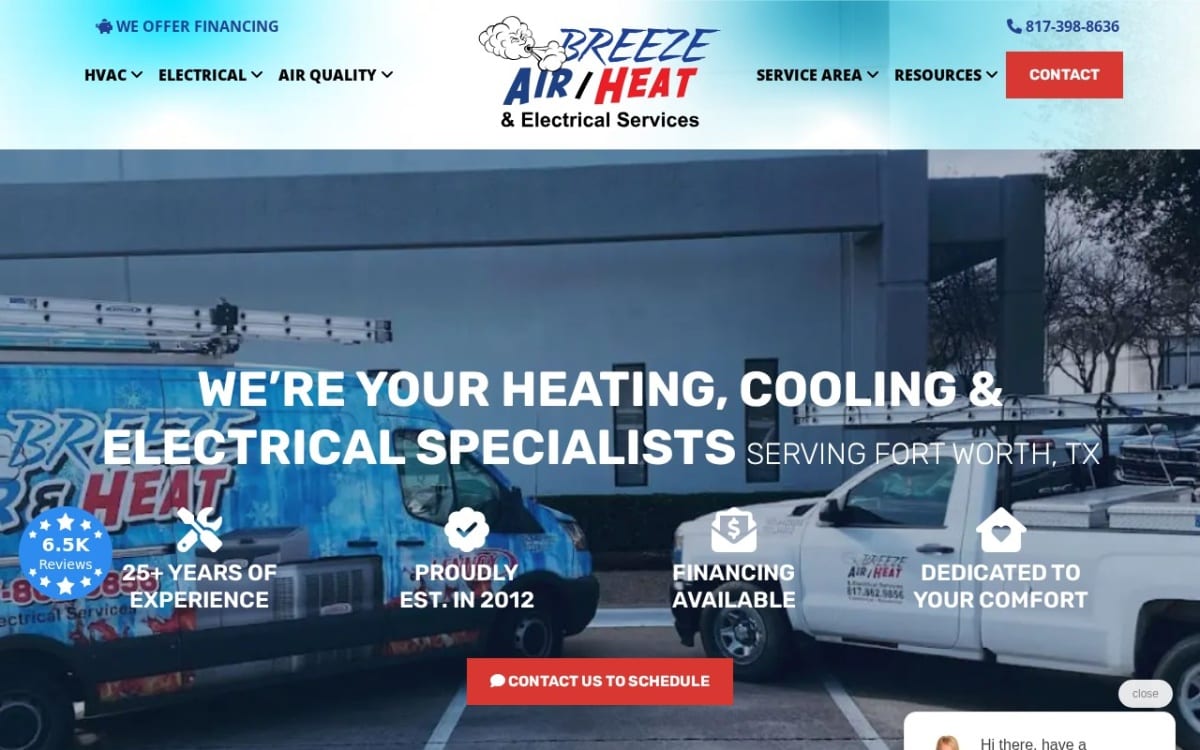 Breeze Air, Heat & Electrical electrician website homepage