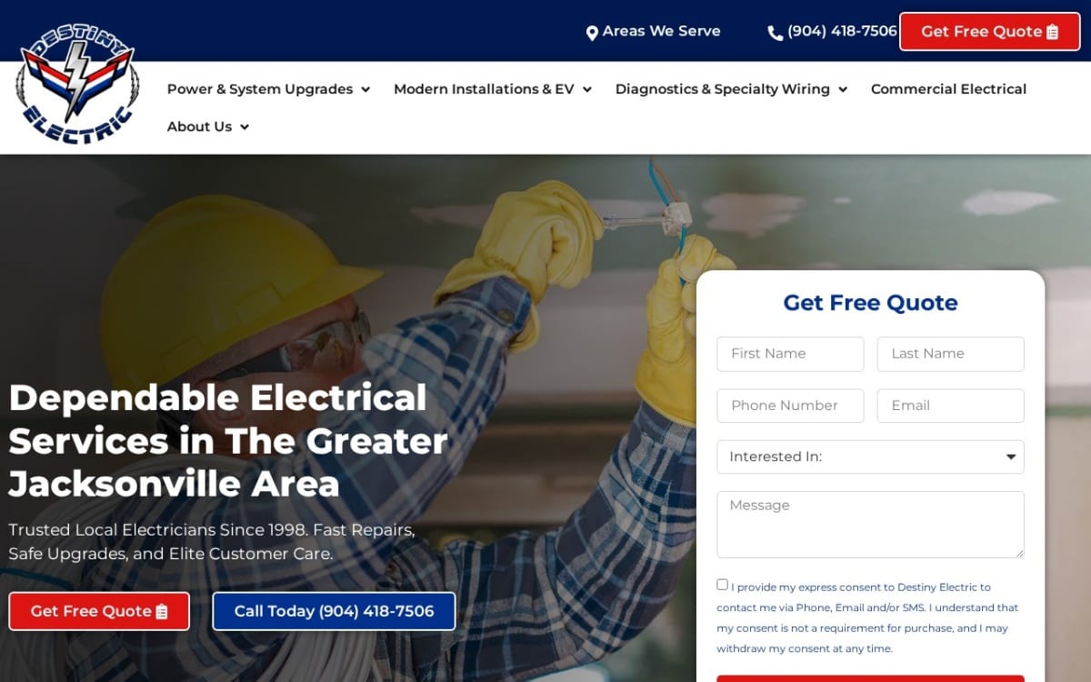 Destiny Electric electrician website homepage