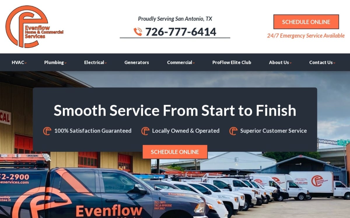 Evenflow Home & Commercial Services electrician website homepage