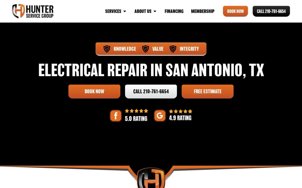Hunter Service Group Electrical, Heating, & AC Repair electrician website homepage