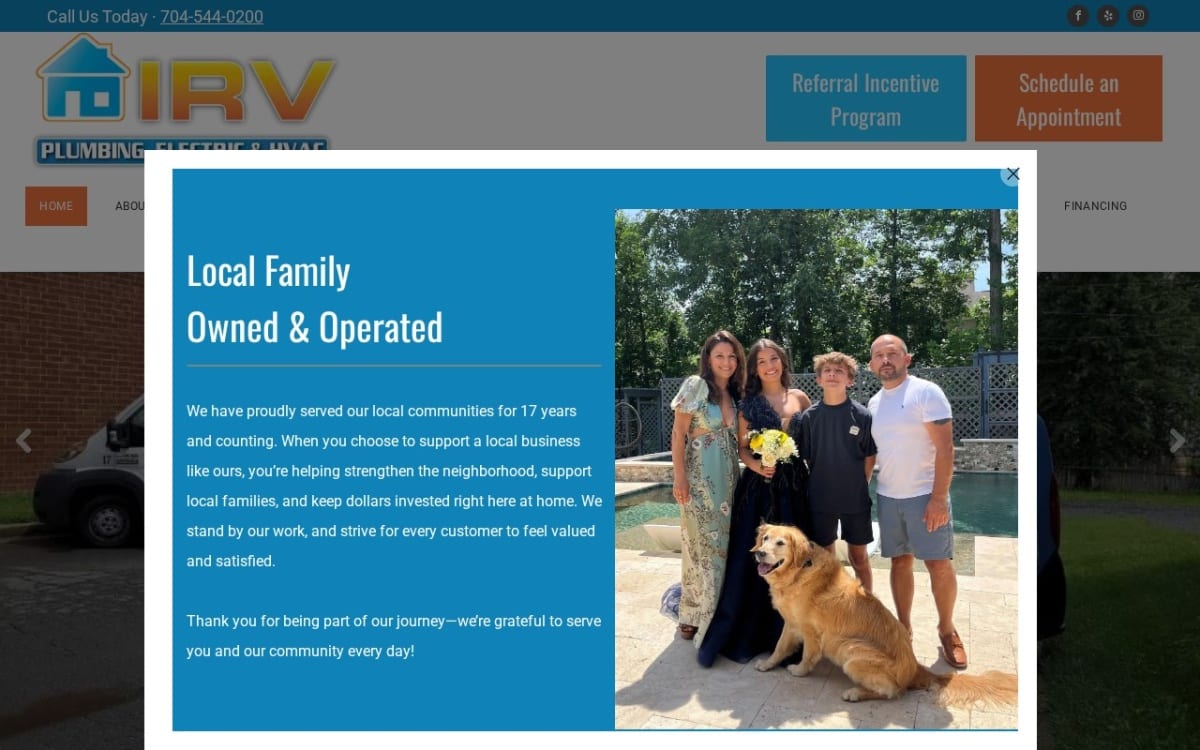 IRV PLUMBING, ELECTRIC & HVAC, INC electrician website homepage