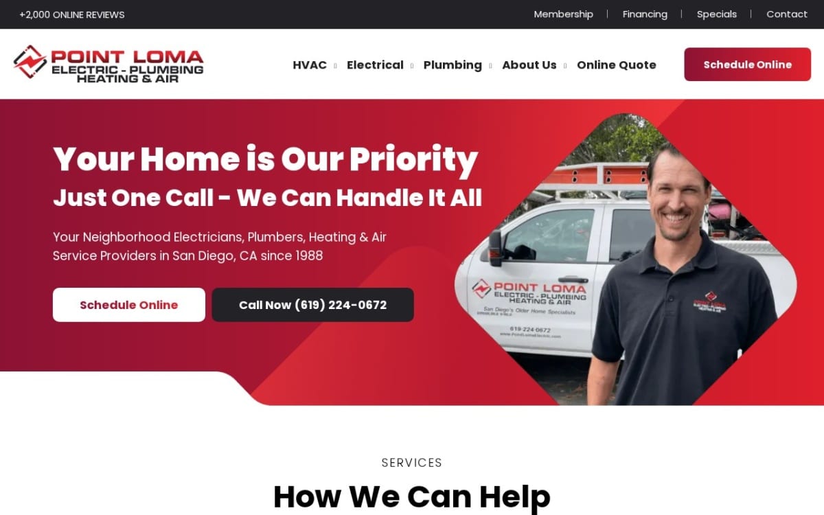 Point Loma Electric, Plumbing, Heating & Air electrician website homepage