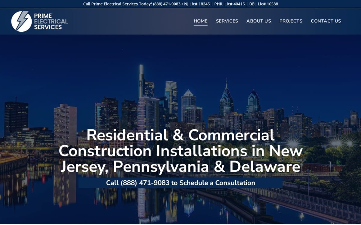 Prime Electrical Services electrician website homepage