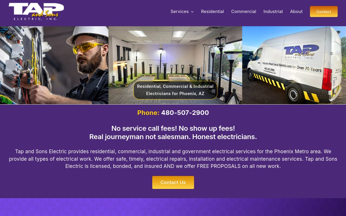 Tap and Sons Electric electrician website homepage