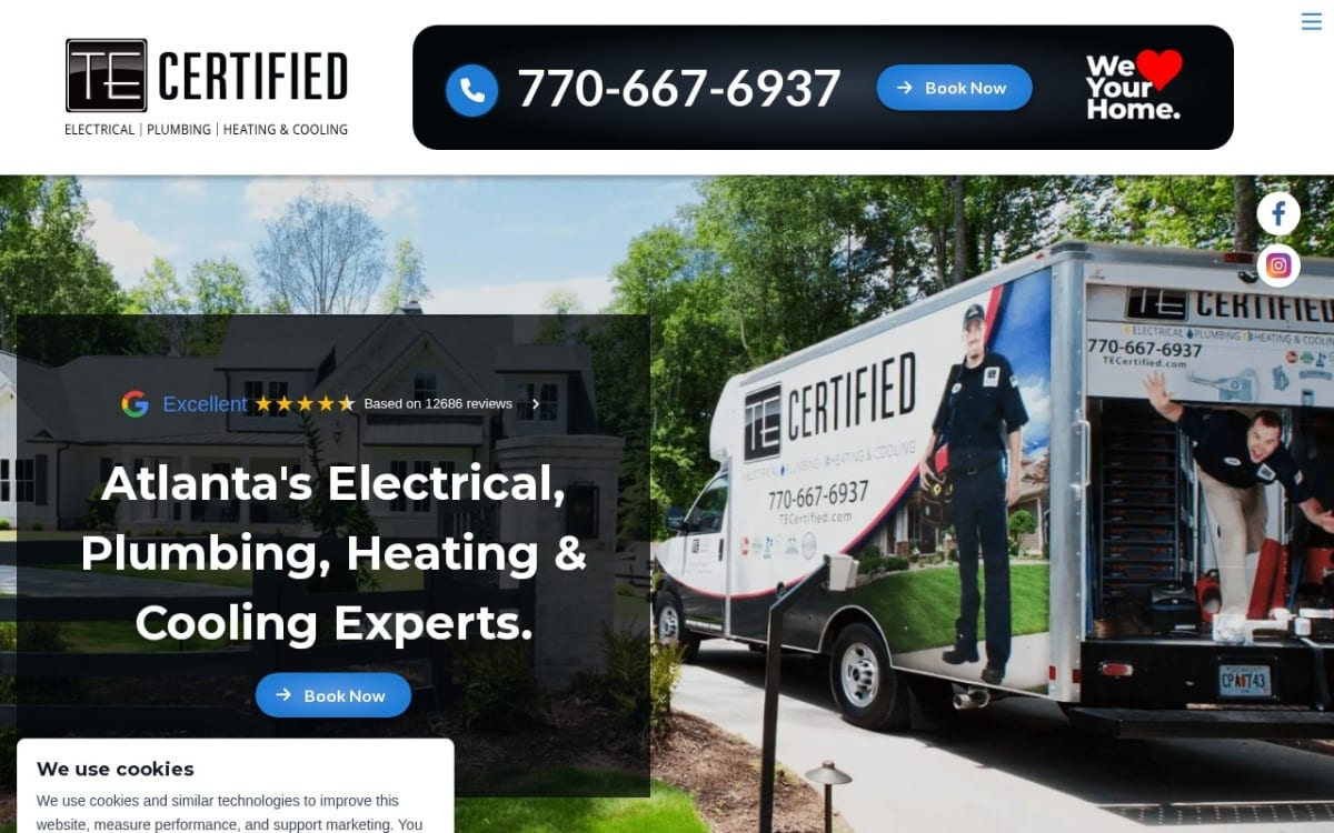TE Certified, Electrical, Plumbing, Heating & Cooling electrician website homepage