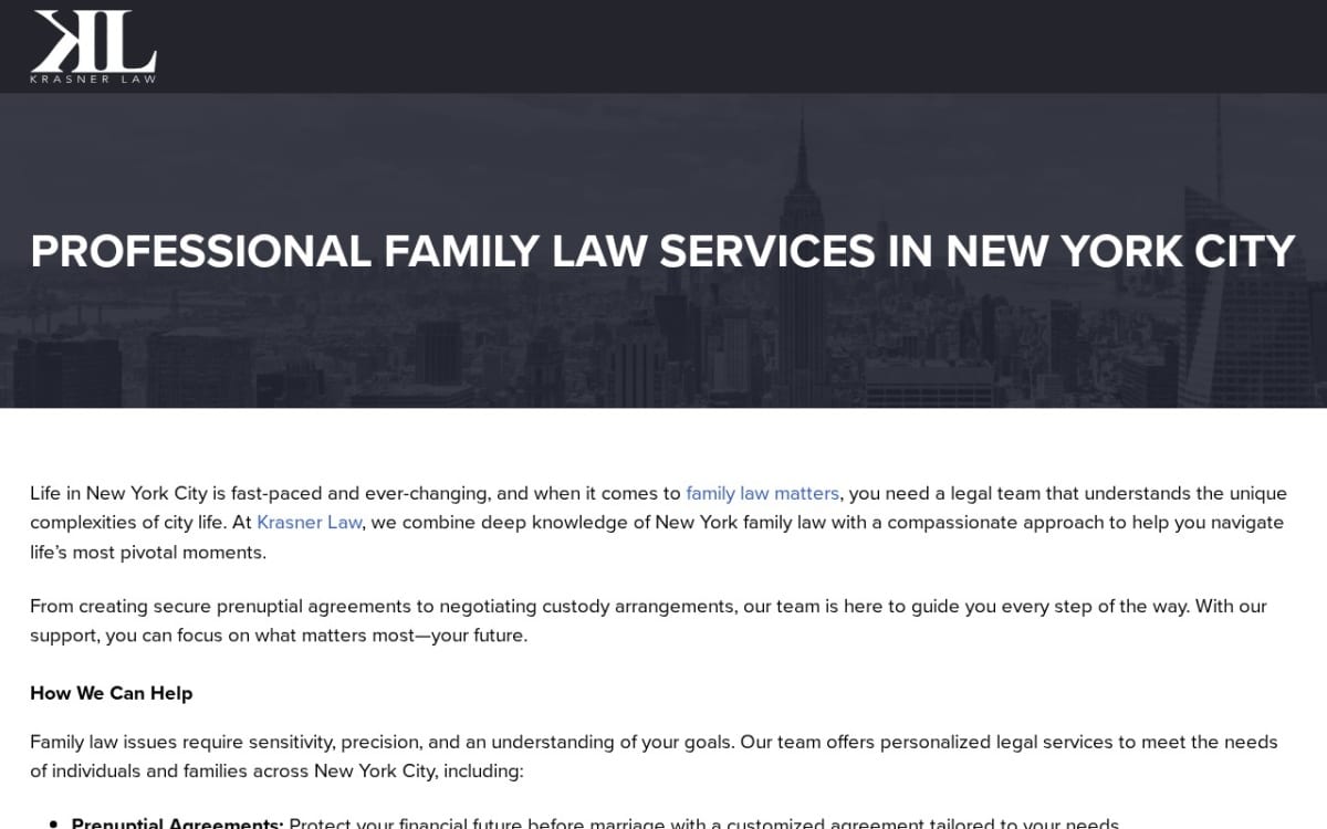 Krasner Law, PLLC family lawyer website homepage