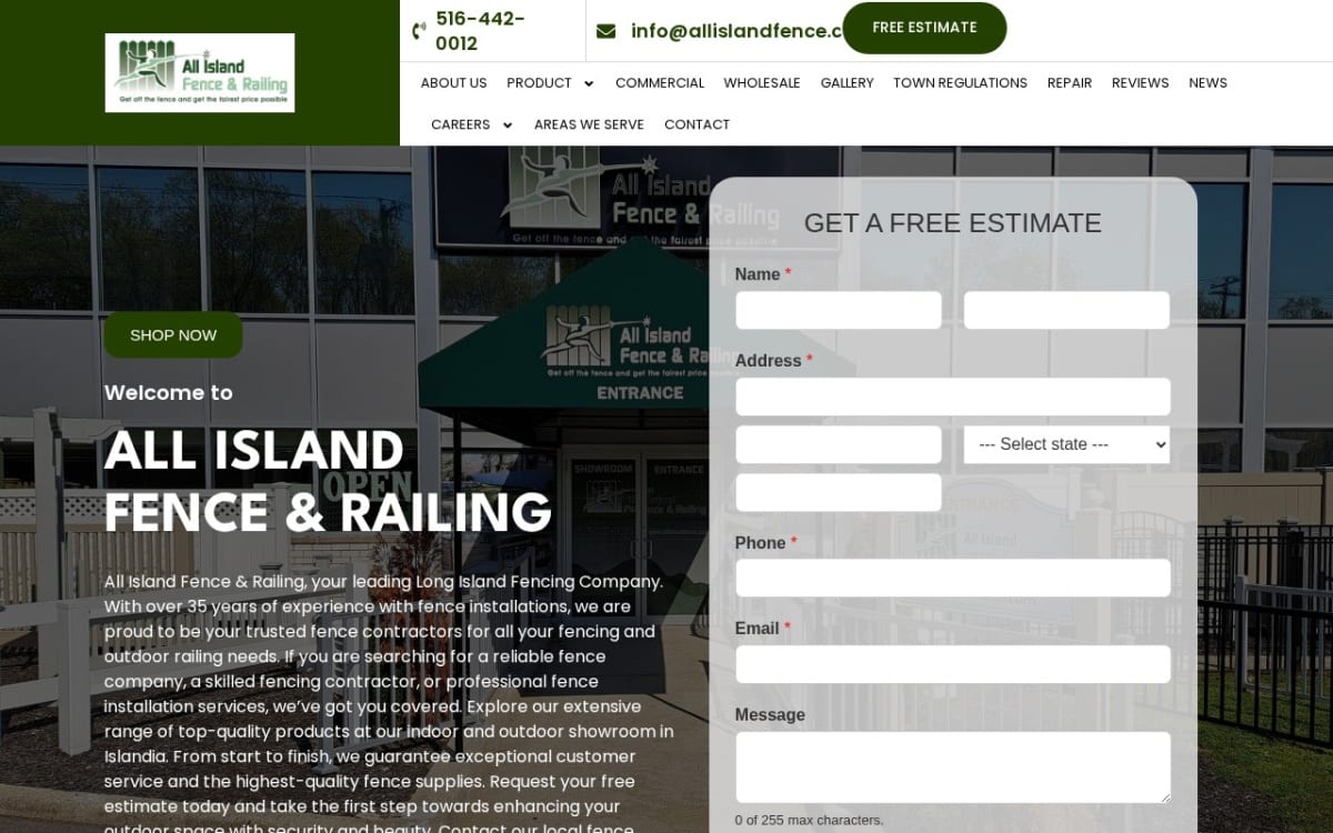 All Island Fence & Railing fence company website homepage