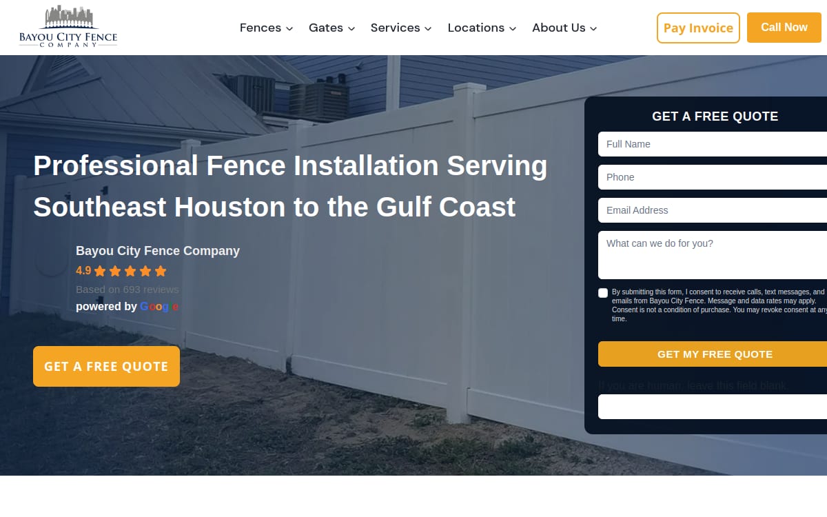 Bayou City Fence Company fence company website homepage