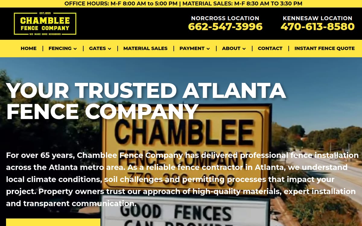 Chamblee Fence Company fence company website homepage