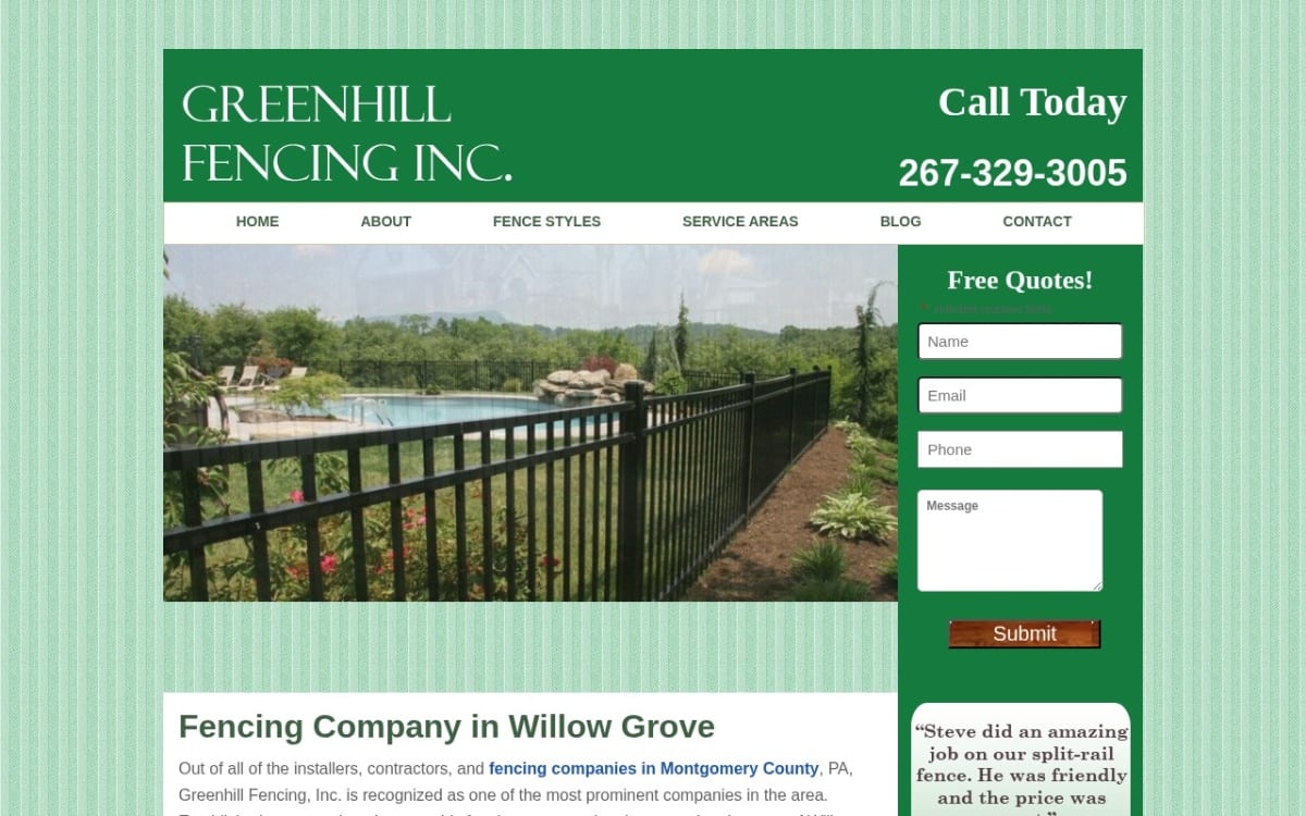 Greenhill Fencing Inc. fence company website homepage