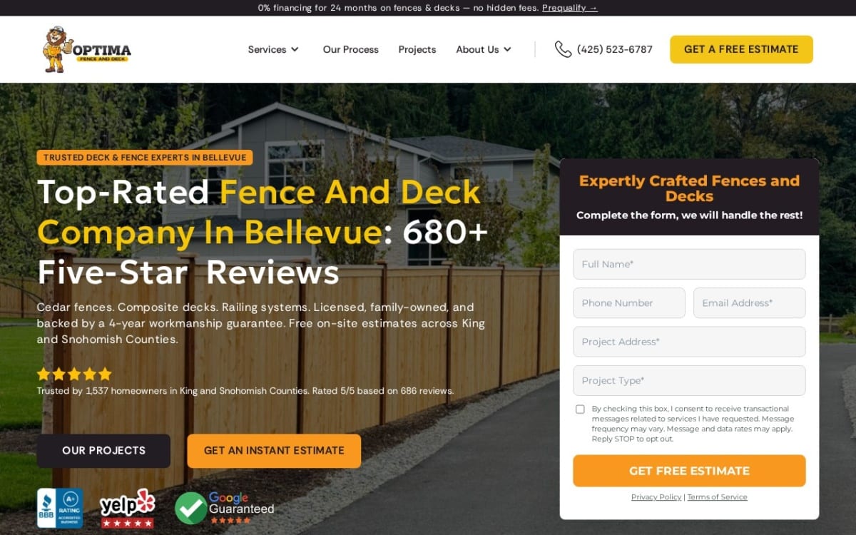 Optima Fence and Deck fence company website homepage