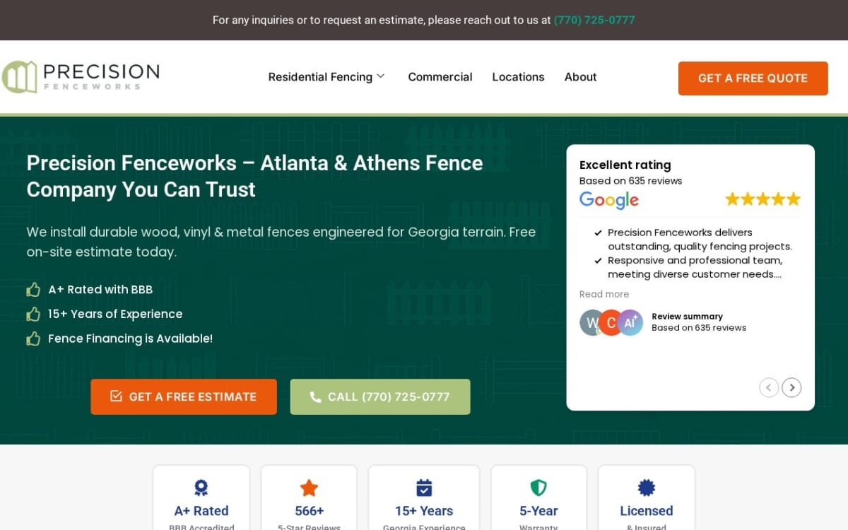 Precision Fenceworks fence company website homepage