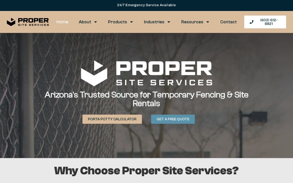 Proper Site Services - Fence & Porta-Potty Rentals fence company website homepage