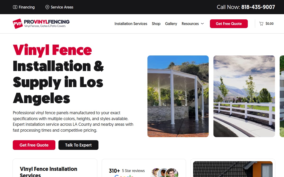 Pro Vinyl & Aluminum Fencing fence company website homepage