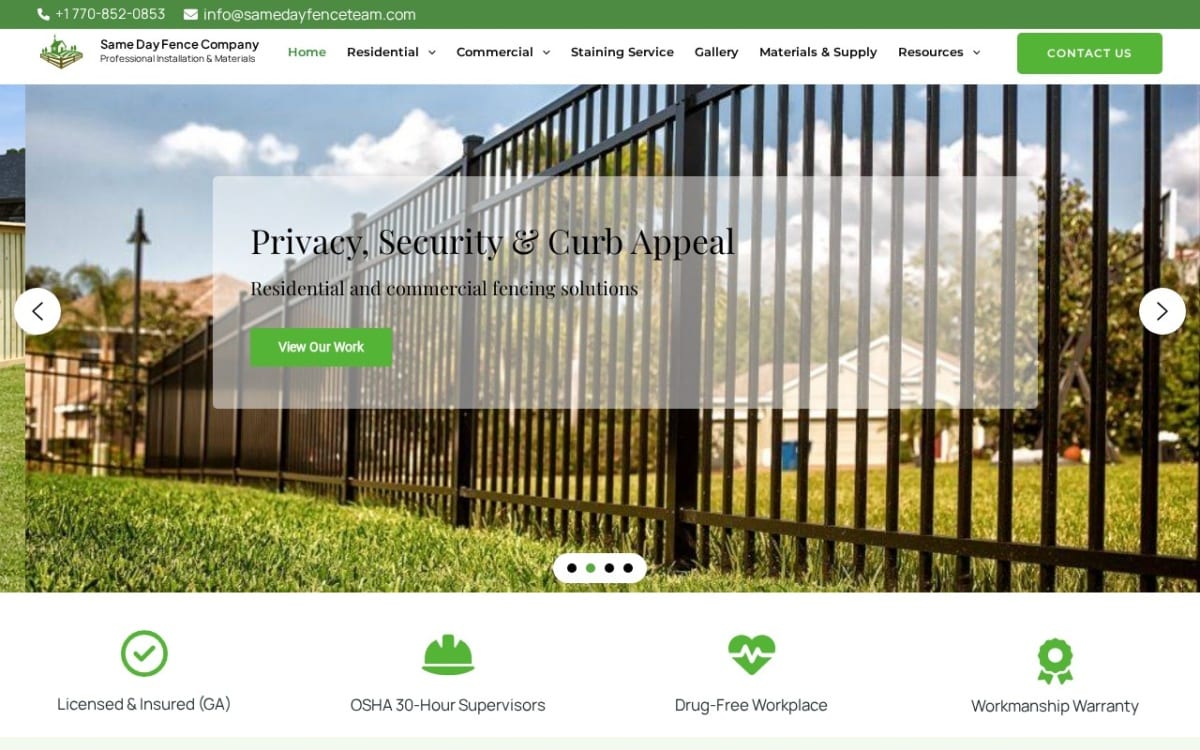 Same Day Fence fence company website homepage