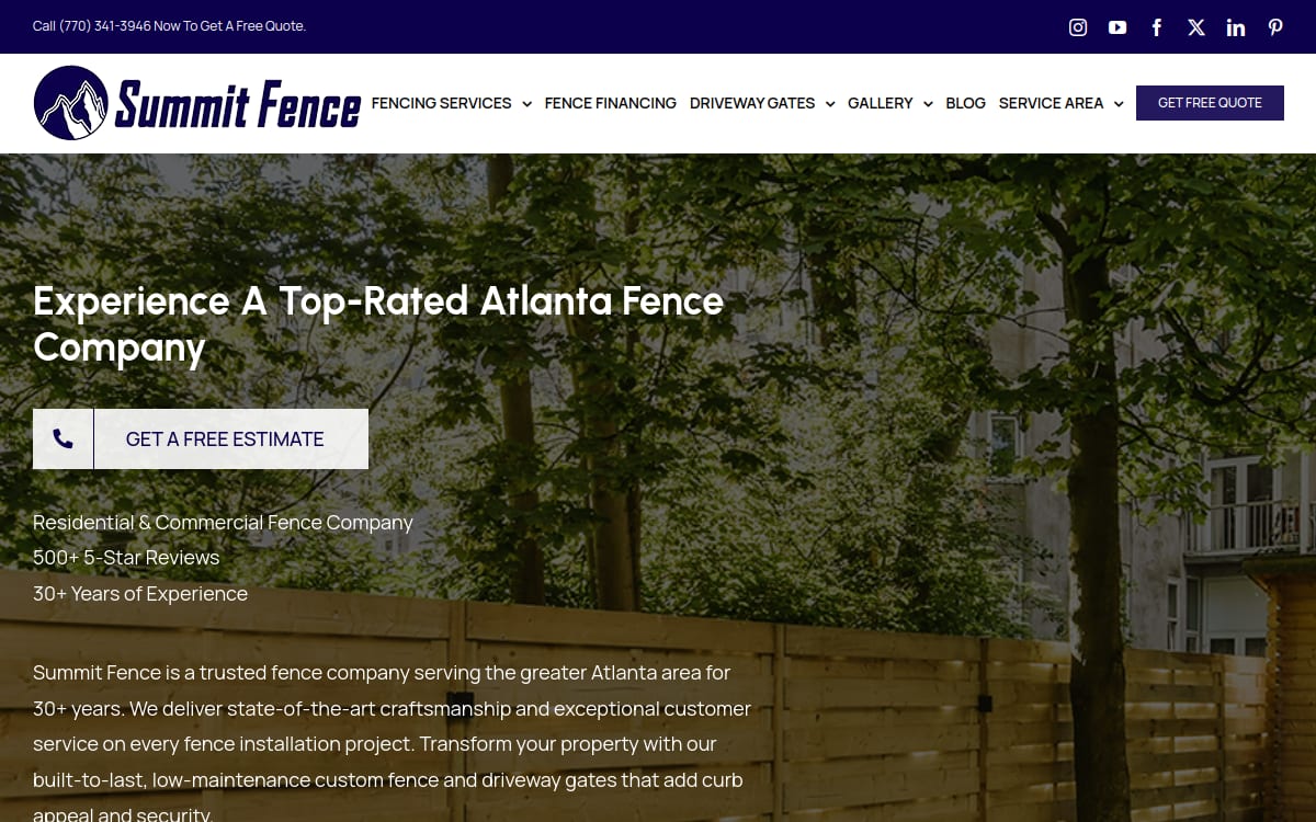 Summit Fence fence company website homepage