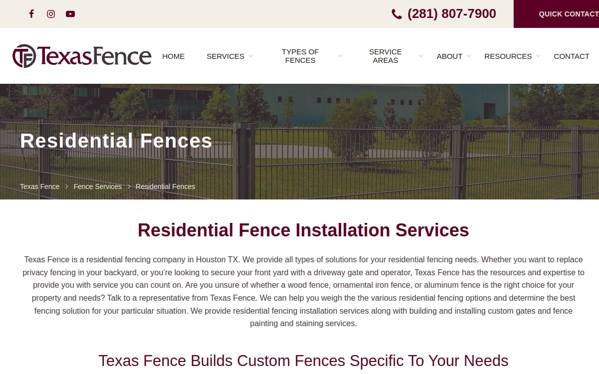 Texas Fence fence company website homepage