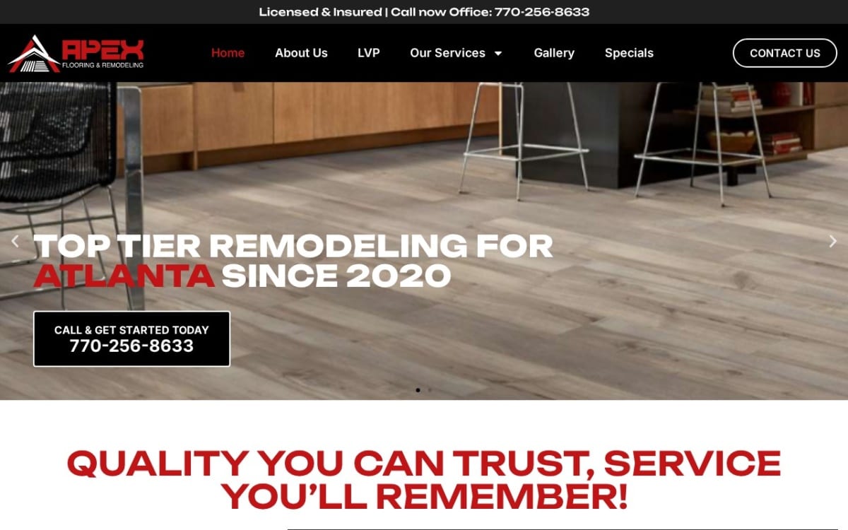 Apex Flooring & Remodeling flooring website homepage