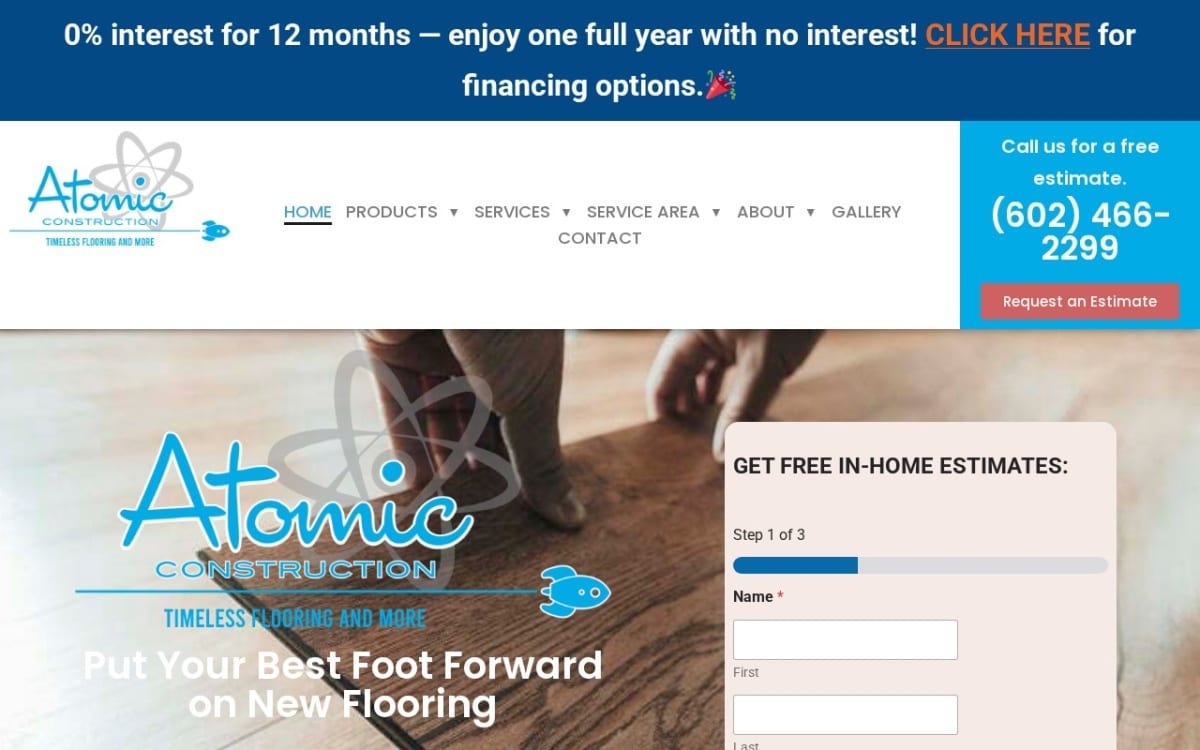 Atomic Construction flooring website homepage