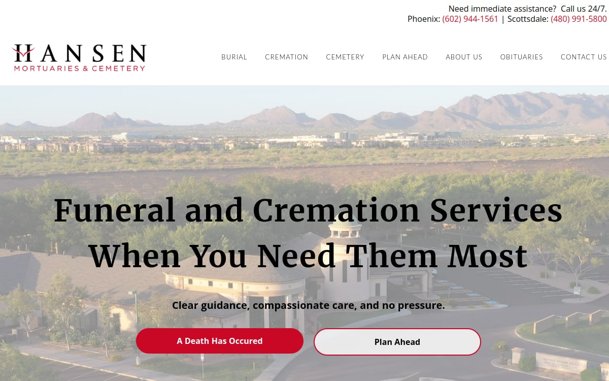 Hansen Desert Hills Mortuary and Cemetery funeral home website homepage