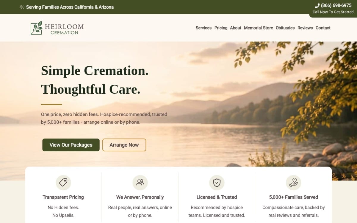 Heirloom Cremation funeral home website homepage