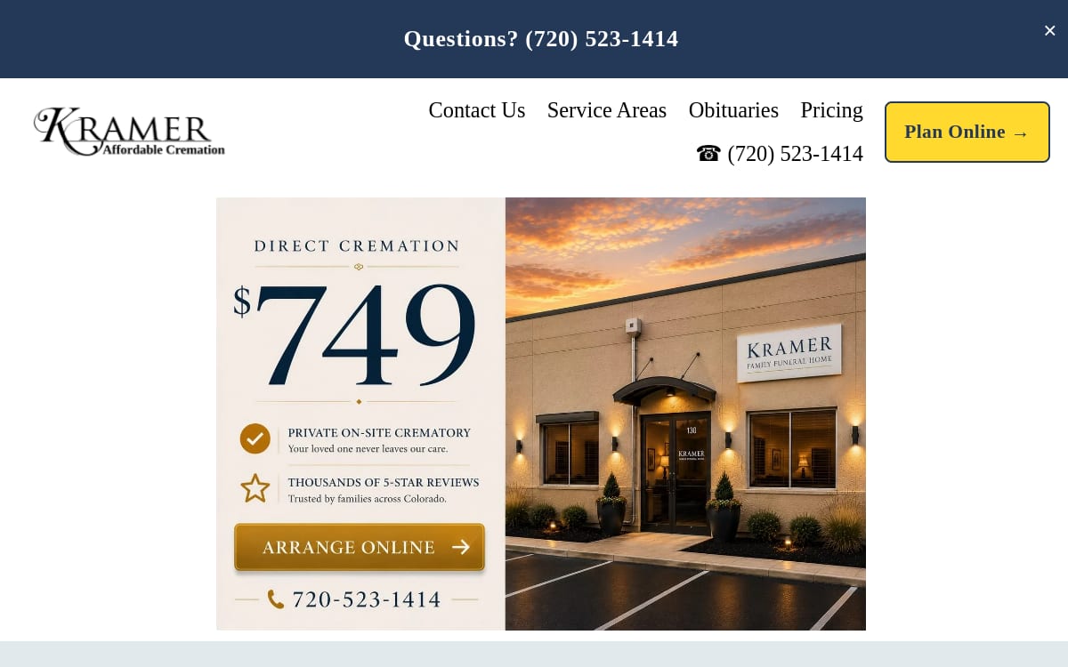 Kramer Cremation funeral home website homepage