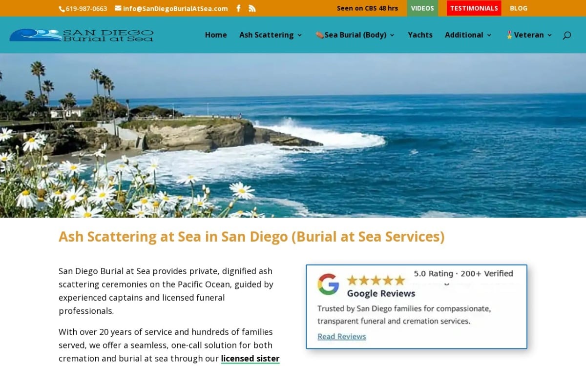 San Diego Burial at Sea funeral home website homepage