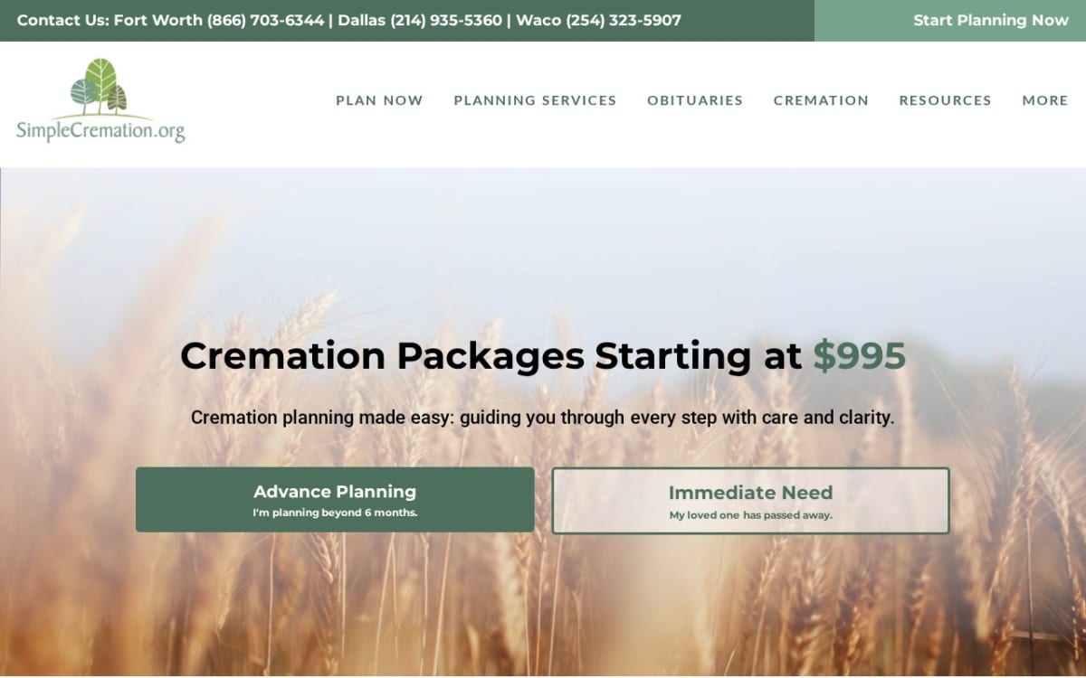 Simple Cremation-Fort Worth funeral home website homepage