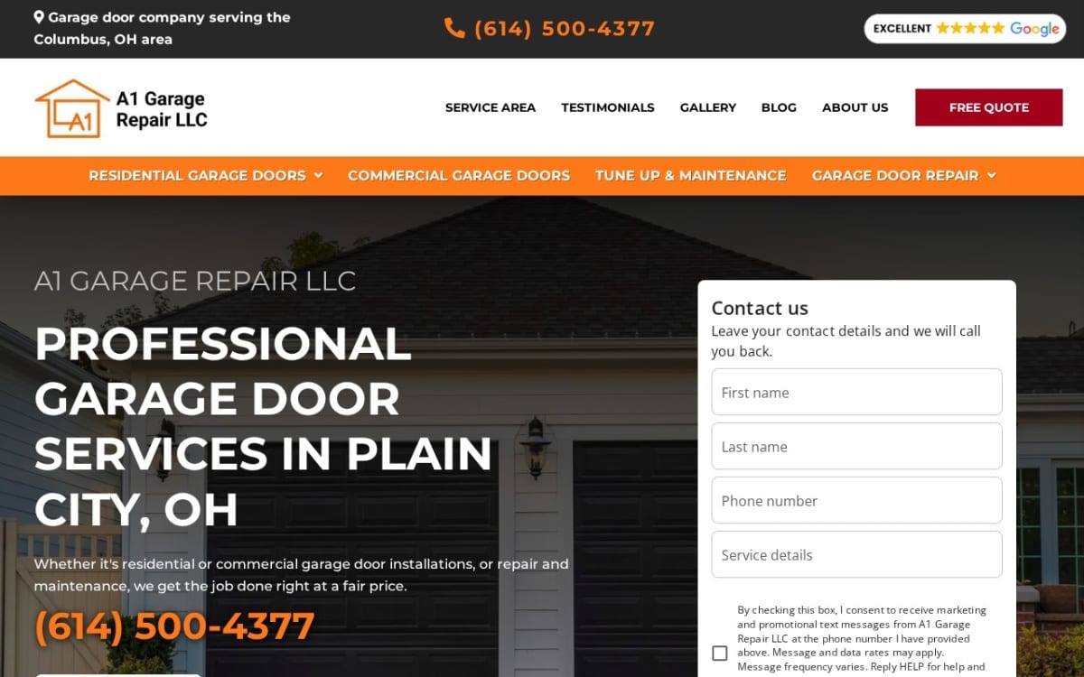 A1 Garage Repair LLC garage door company website homepage