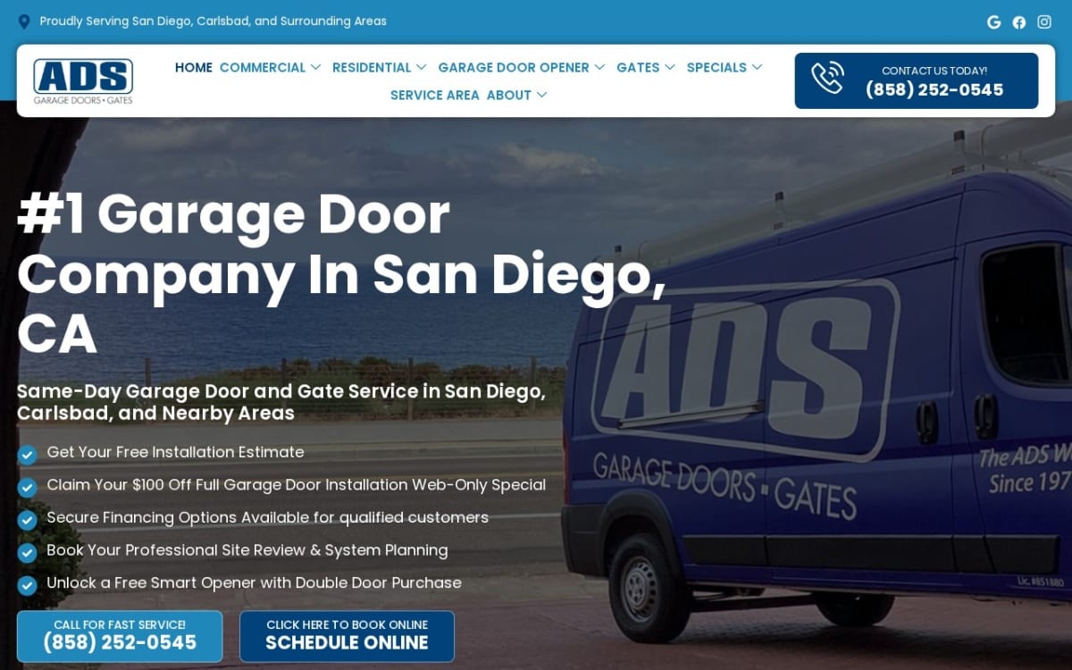 ADS Garage Doors and Gates Repair garage door company website homepage