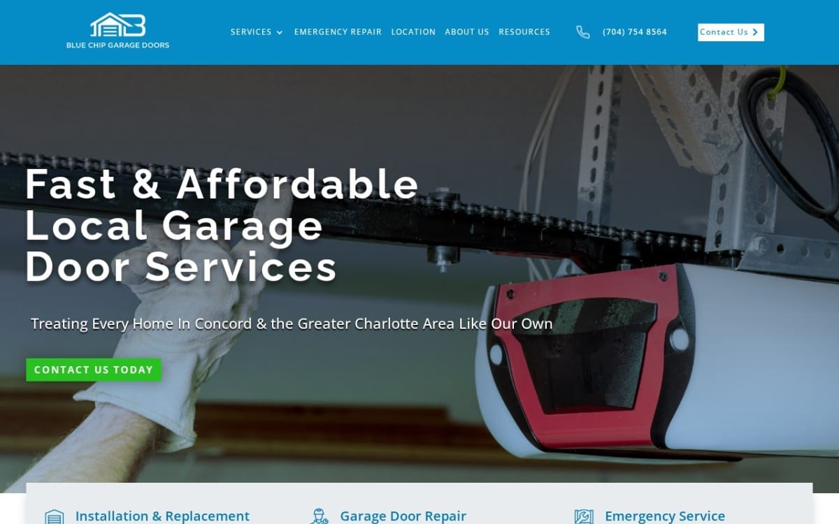 Blue Chip Garage Doors garage door company website homepage
