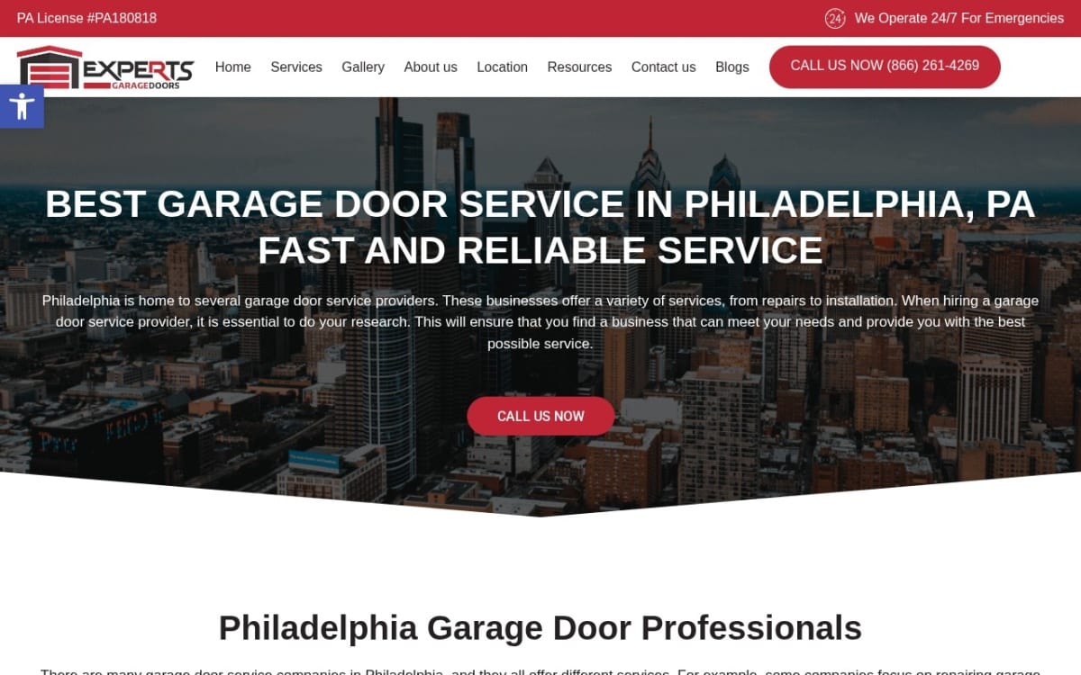 Experts Garage Doors garage door company website homepage