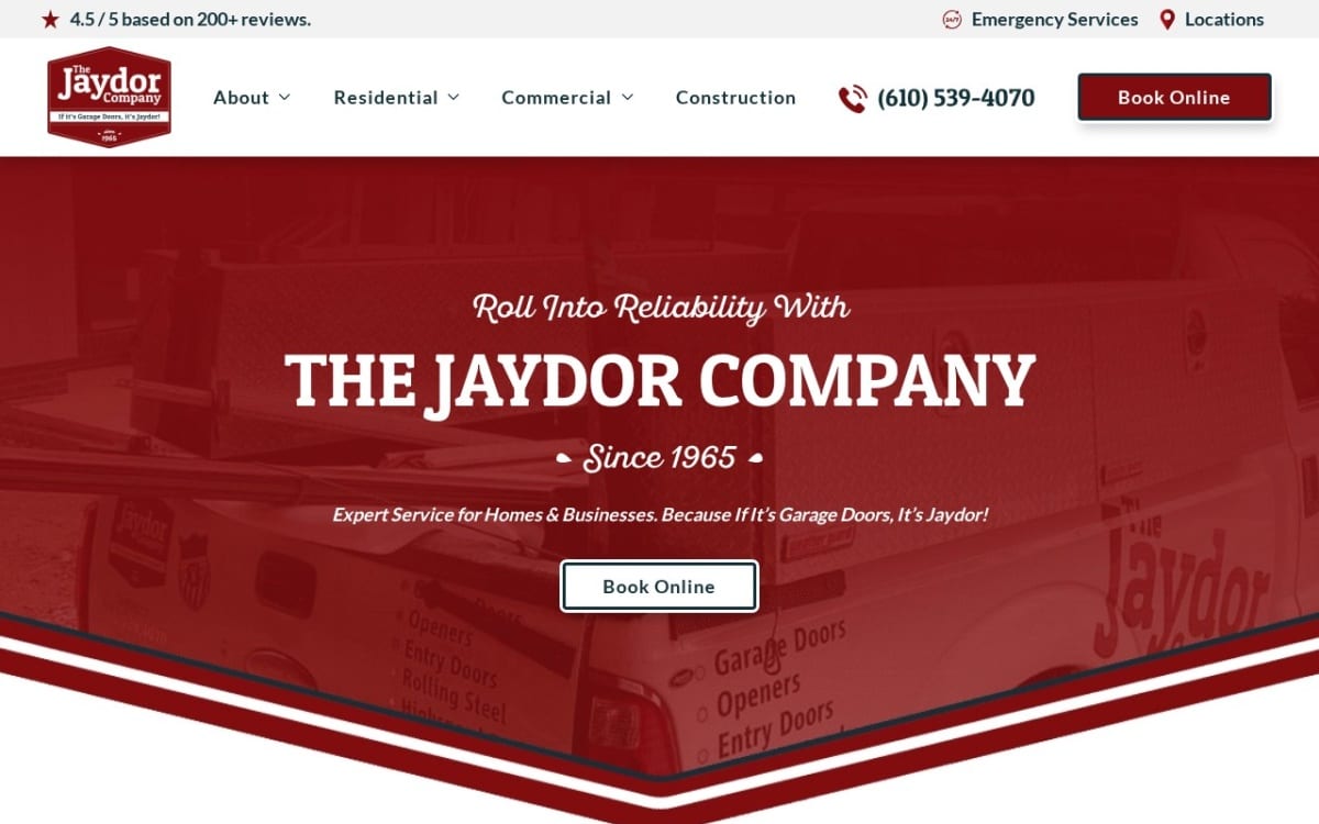 The Jaydor Company garage door company website homepage
