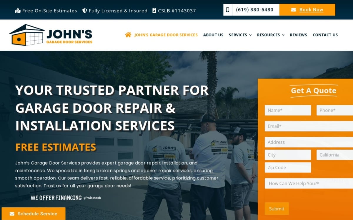 John's Garage Door Services garage door company website homepage