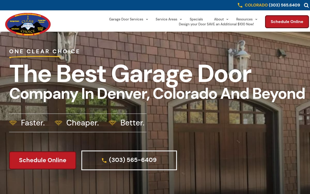 One Clear Choice Garage Doors Commerce City garage door company website homepage
