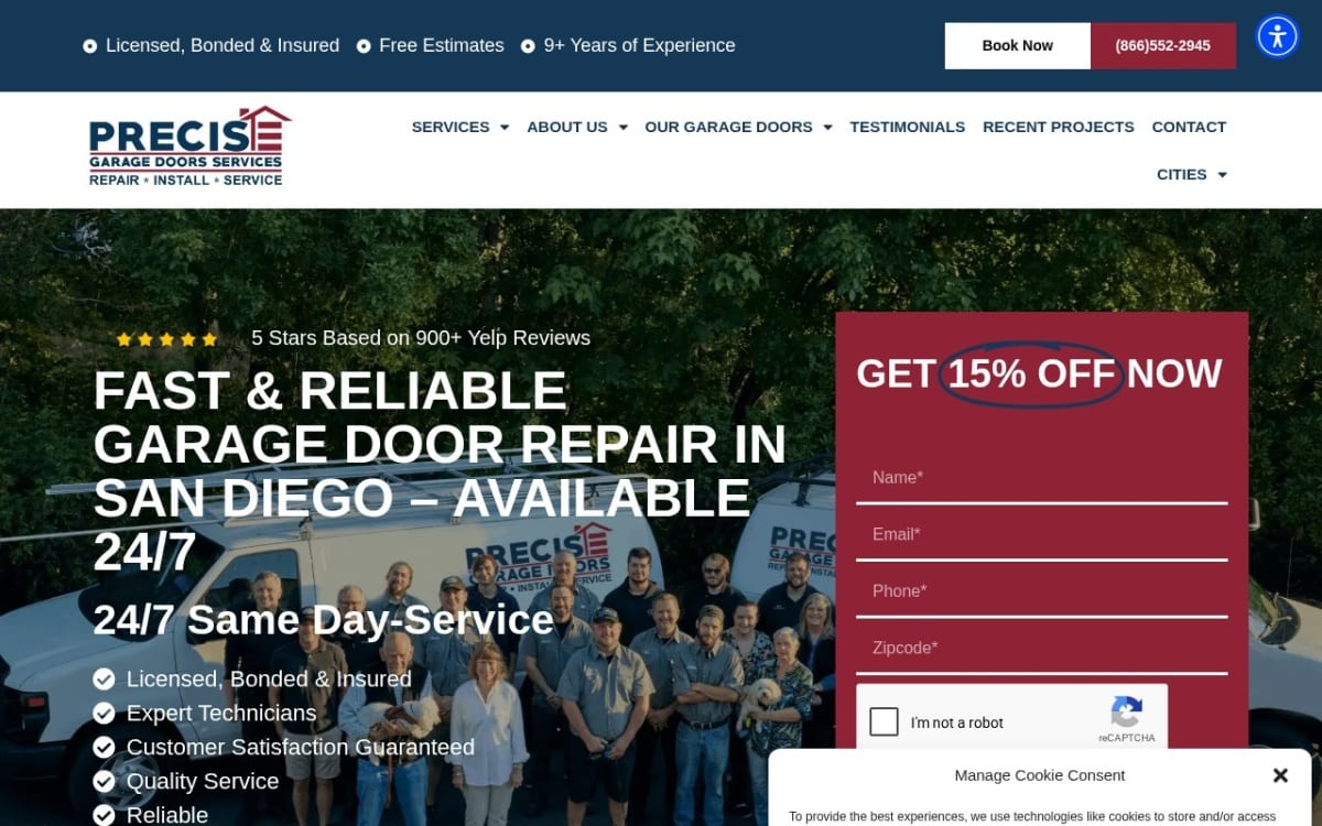 Precise Garage Doors Services garage door company website homepage