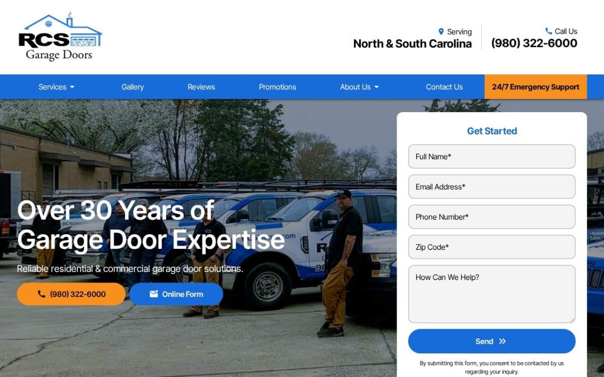 RCS Garage Doors garage door company website homepage