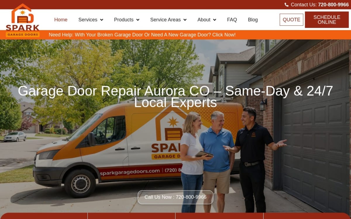 Spark Garage Doors Repair Aurora garage door company website homepage