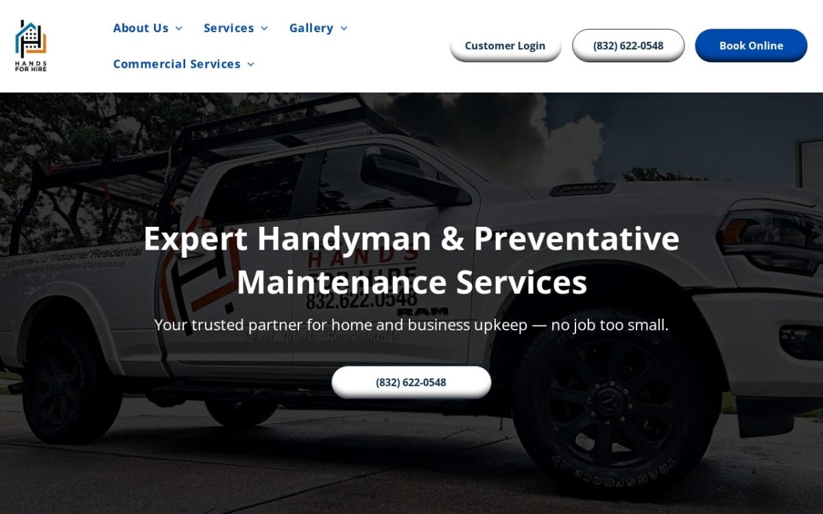 Hands for Hire Houston handyman website homepage