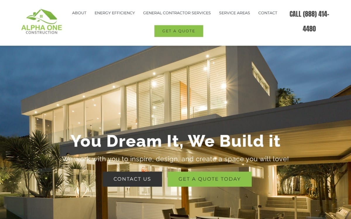 Alpha One Construction Inc home remodeling website homepage