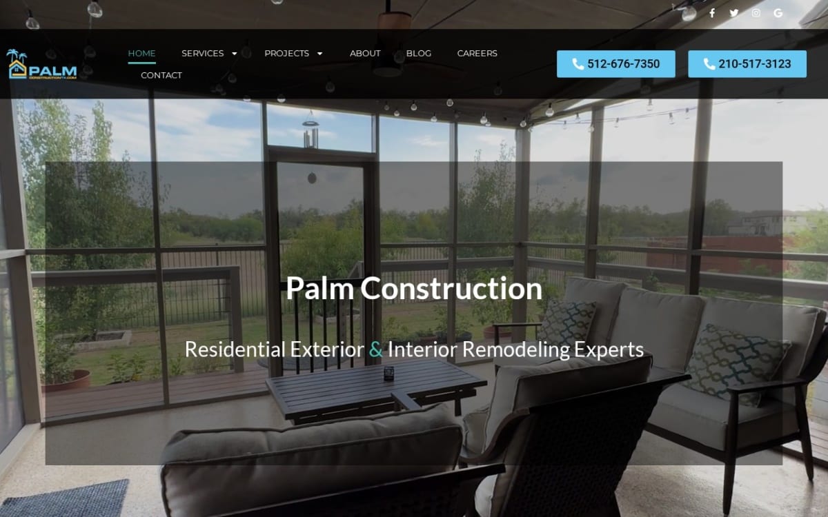Palm Construction Inc home remodeling website homepage