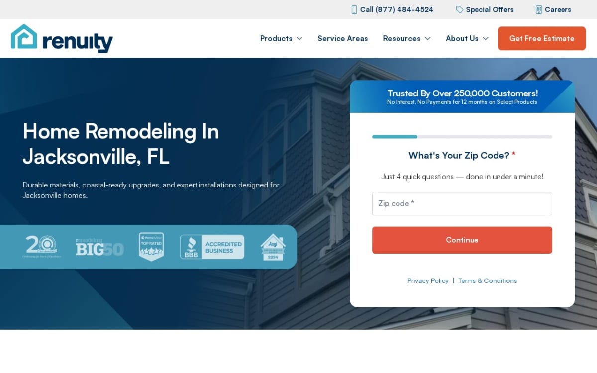 Renuity Home Improvement of Jacksonville home remodeling website homepage