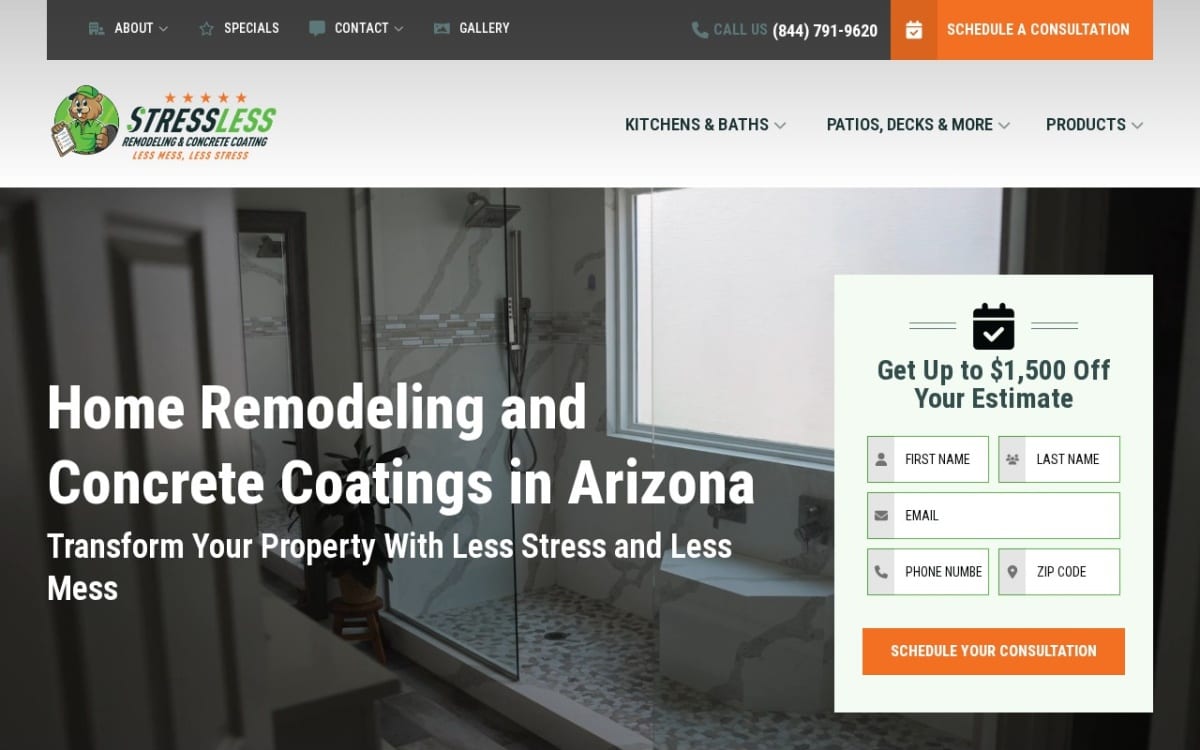 StressLess Remodeling Arizona home remodeling website homepage