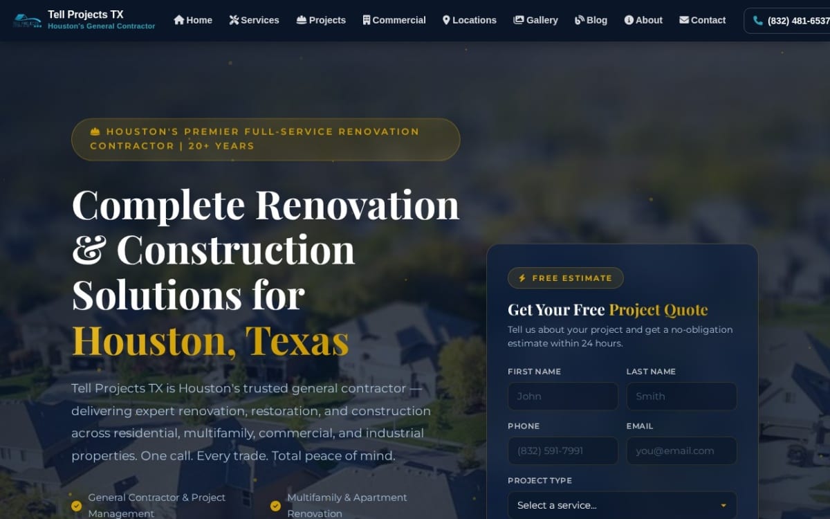 Tell Projects home remodeling website homepage