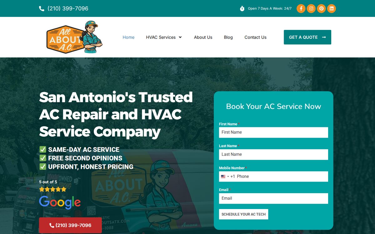 All About A.C. HVAC website homepage