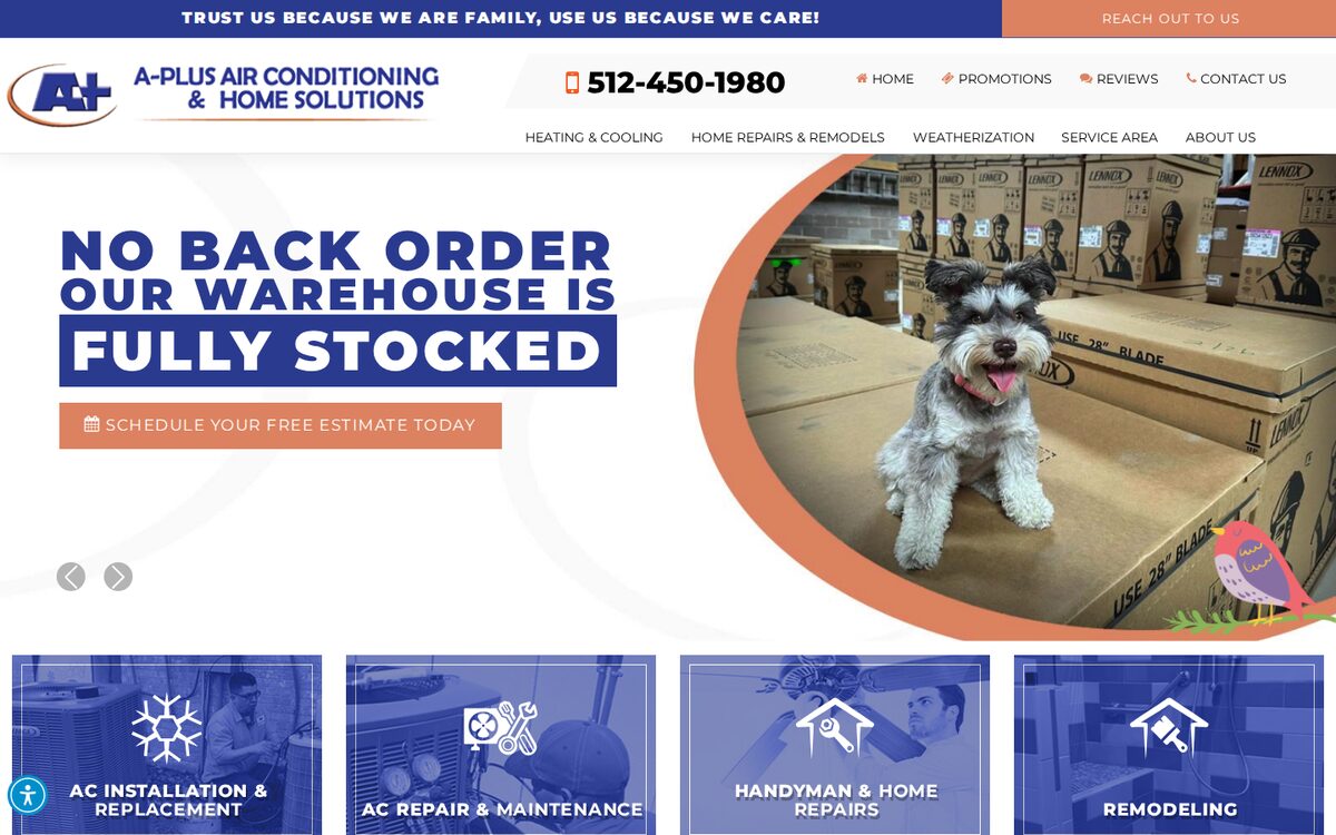 A-Plus Air Conditioning & Home Solutions HVAC website homepage
