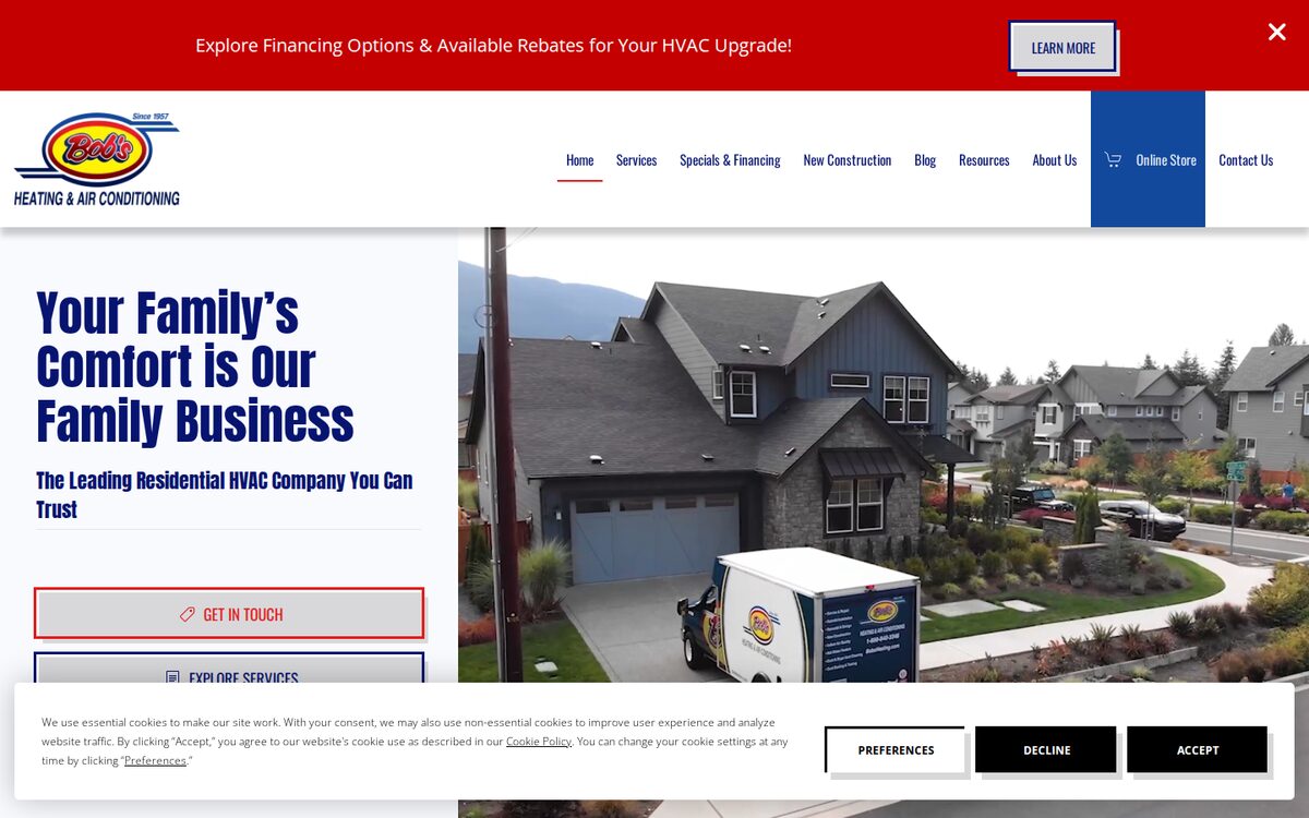 Bob's Heating & Air Conditioning HVAC website homepage