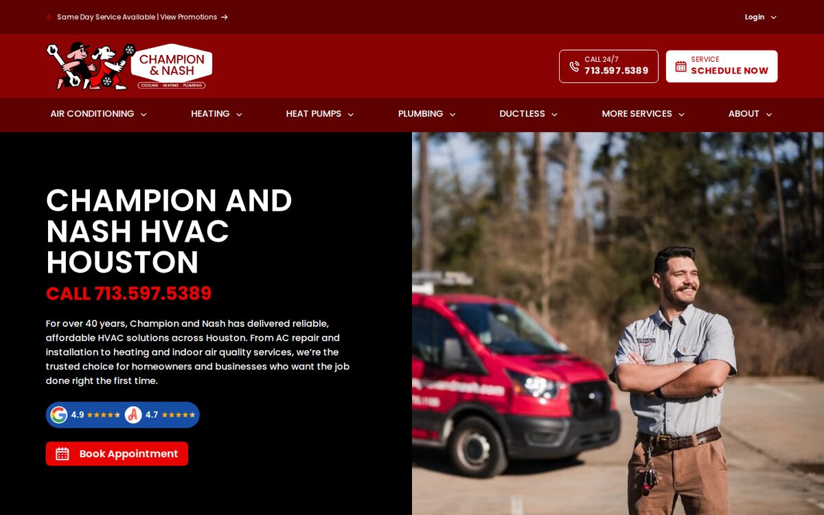 Champion and Nash Air Conditioning & Heating HVAC website homepage