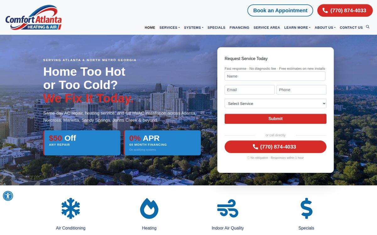 Comfort Atlanta Heating & Air HVAC website homepage